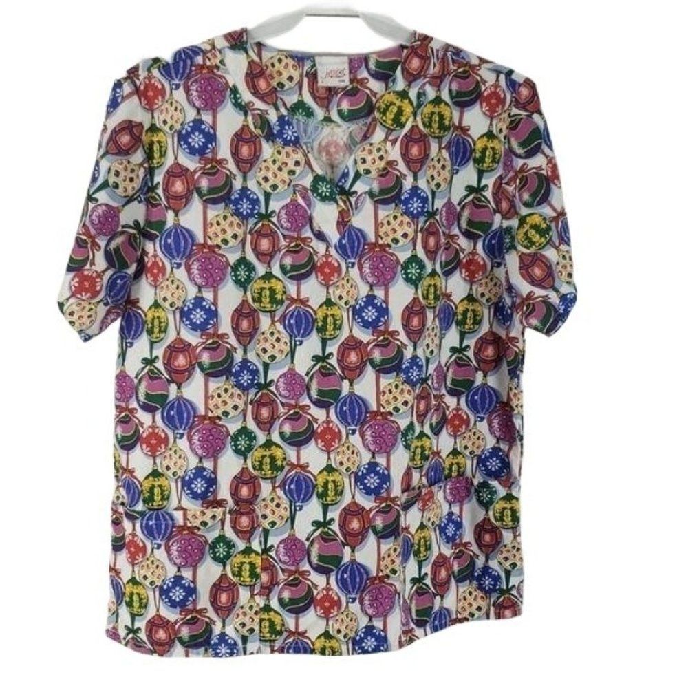 Jasco Allheart Christmas Ornament Scrub Top Large V-Neck Holiday Medical T12PR